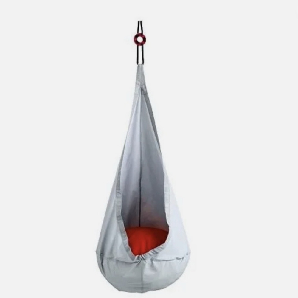 IKEA Hanging Pod Chair in Light Gray with Red Cushion